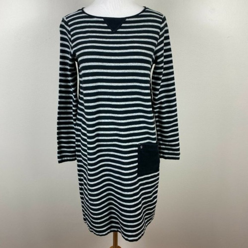 J. Jill Sweater Dress S Black Gray Striped Shift Tunic Short Long Sleeve Pocket